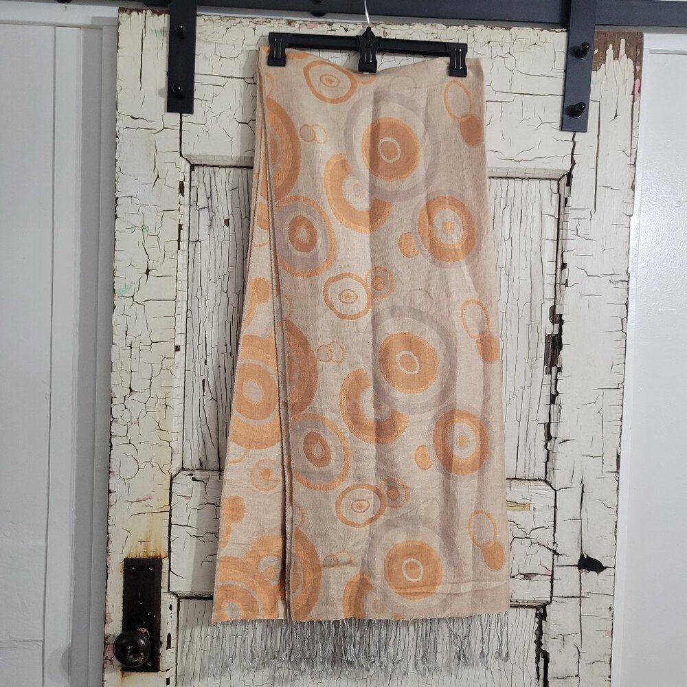 Pashmina Silk Scarf Wrap Shawl Orange Peach Grey Neutrals Geometric Circle 27x72